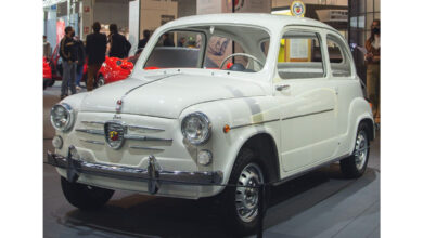 Photo of Historic Fiat-Abarth 850 TC on display at the Paris Rétromobile show